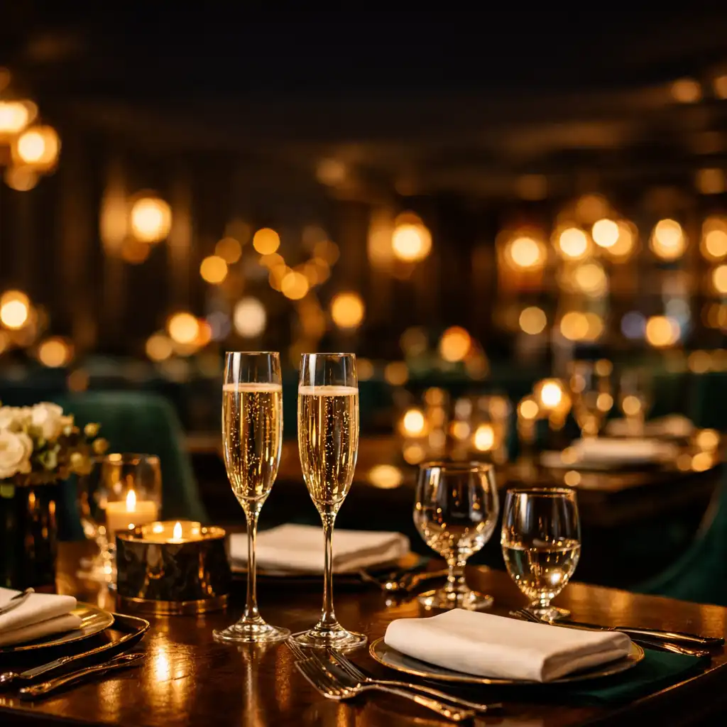 Elegáns terített asztal az Etelvilaga Gastro Lounge-ban, meleg fényekkel és pezsgőspoharakkal