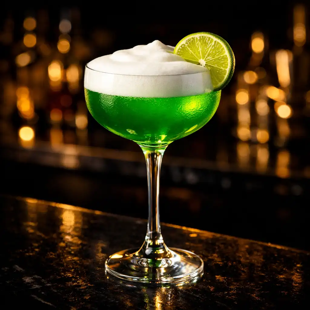 Emerald Fizz koktél elegáns pohárban, zöld chartreuse színben