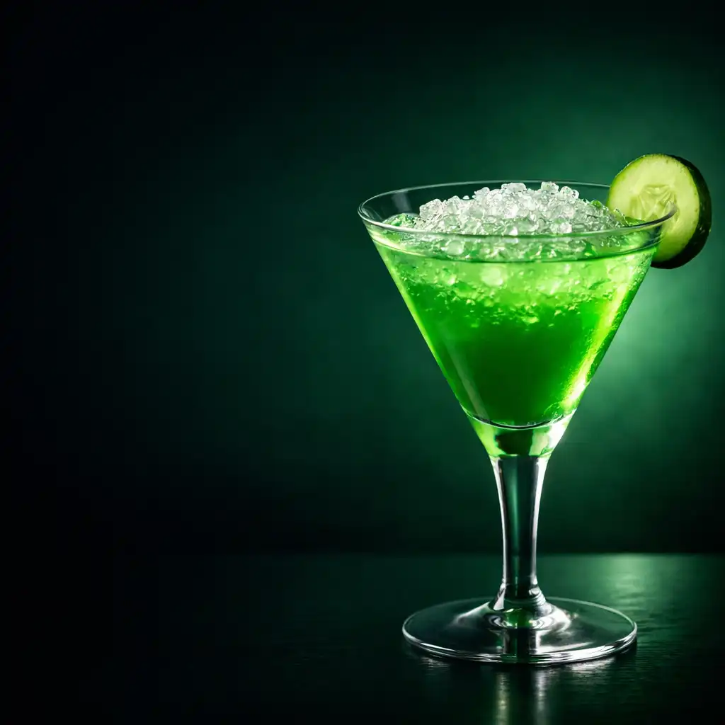 Emerald Velvet koktél uborkaszelettel díszített pohárban