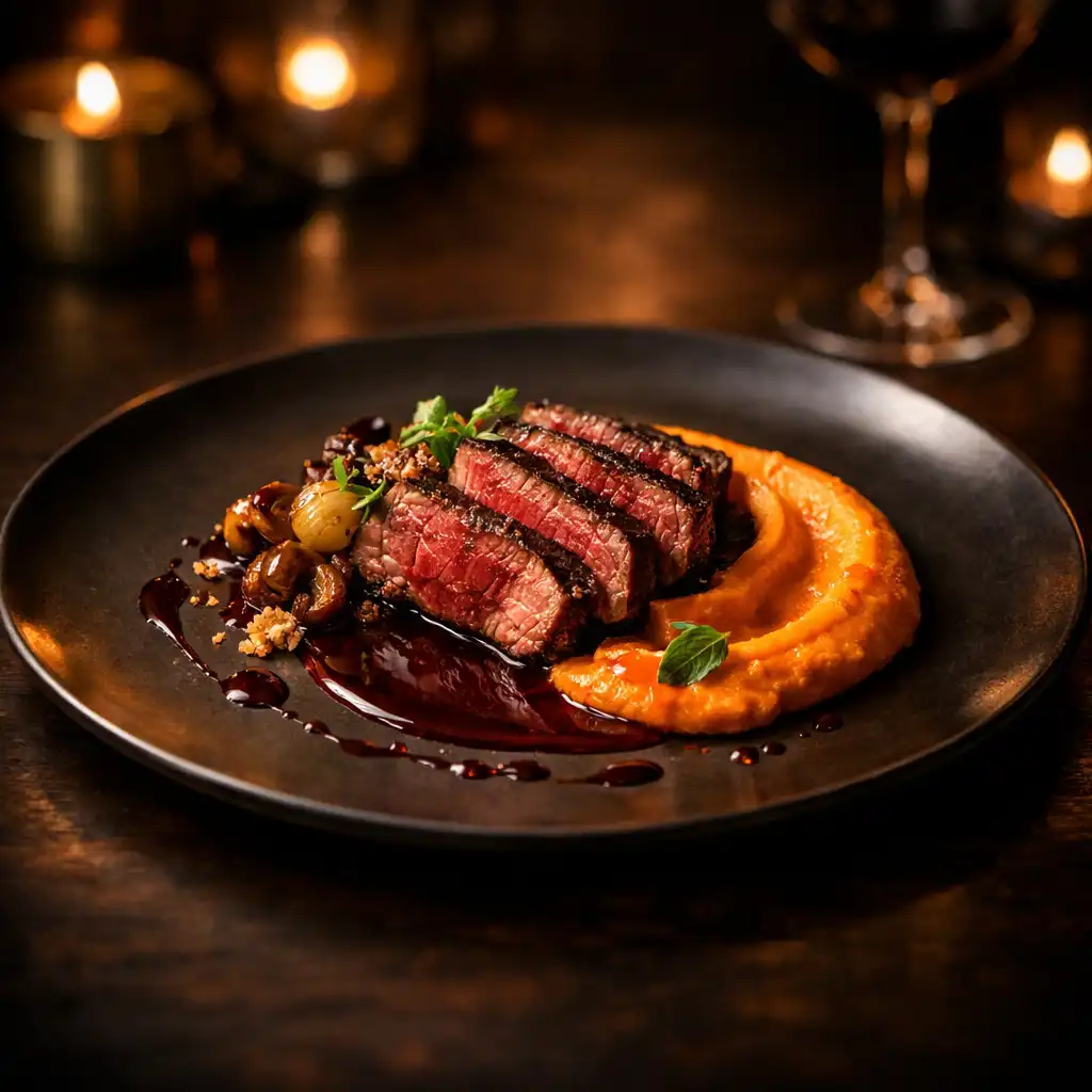 Elegánsan tálalt gourmet fogás sötét, hangulatos étteremben
