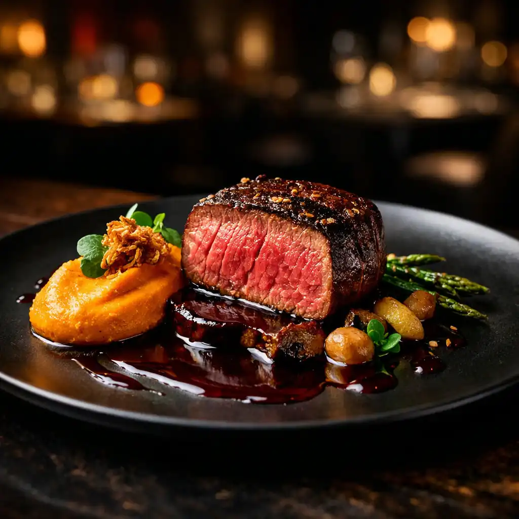 Wagyu marhaszelet édesburgonya-pürével és vörösboros jus-szal